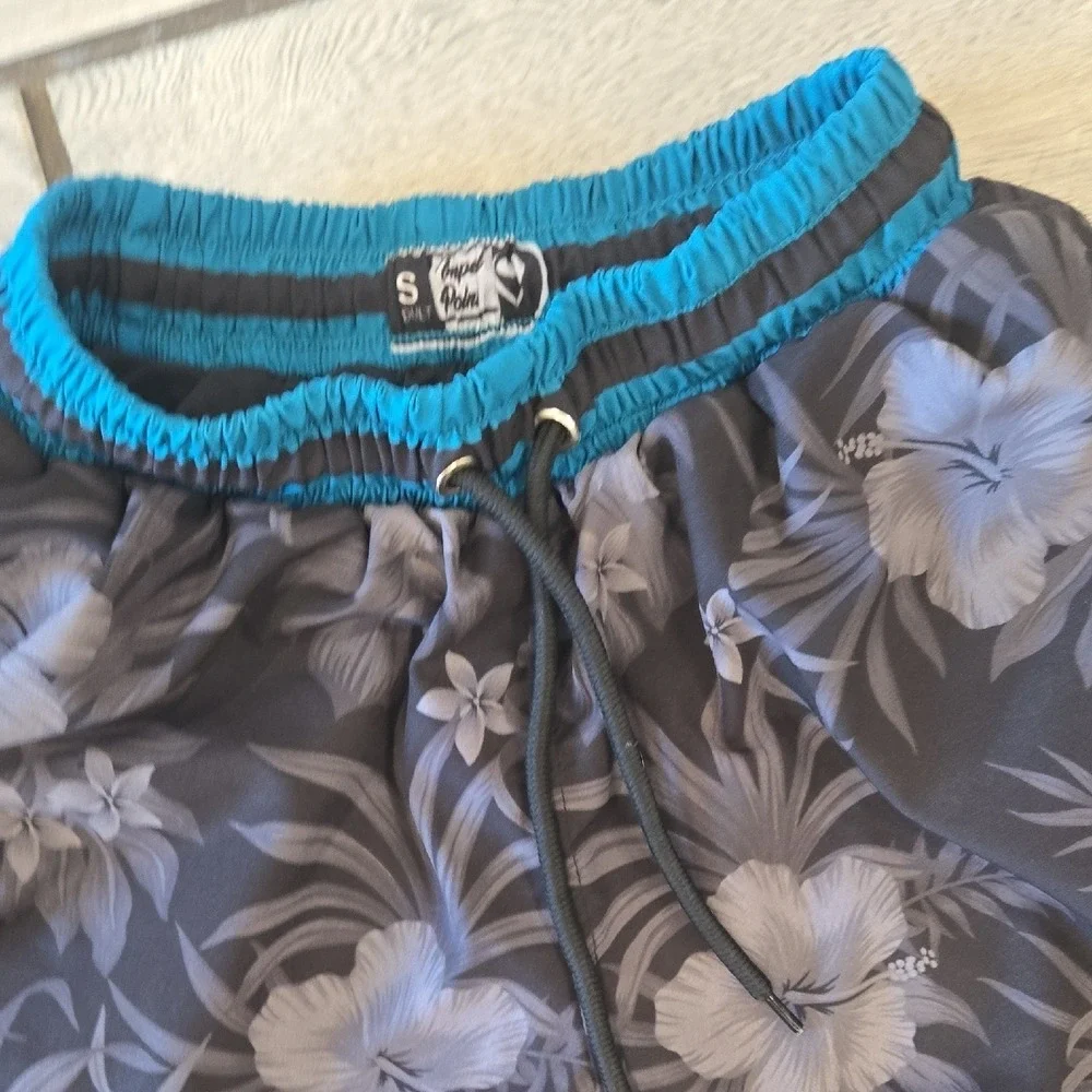 Impact Palm Mens Hibiscus Floral Swim Trunks Teal Black Small Board‎ Shorts